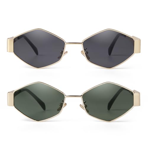SUN★ SDINM Hexagon Sunglasses for Women Retro Vintage Gold Metal